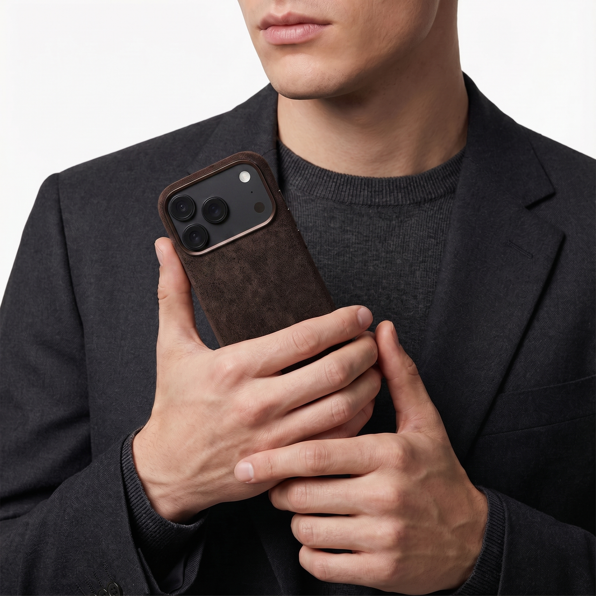 Chocolate Brown Alcantara case for iPhone 18 Pro Max held in hands