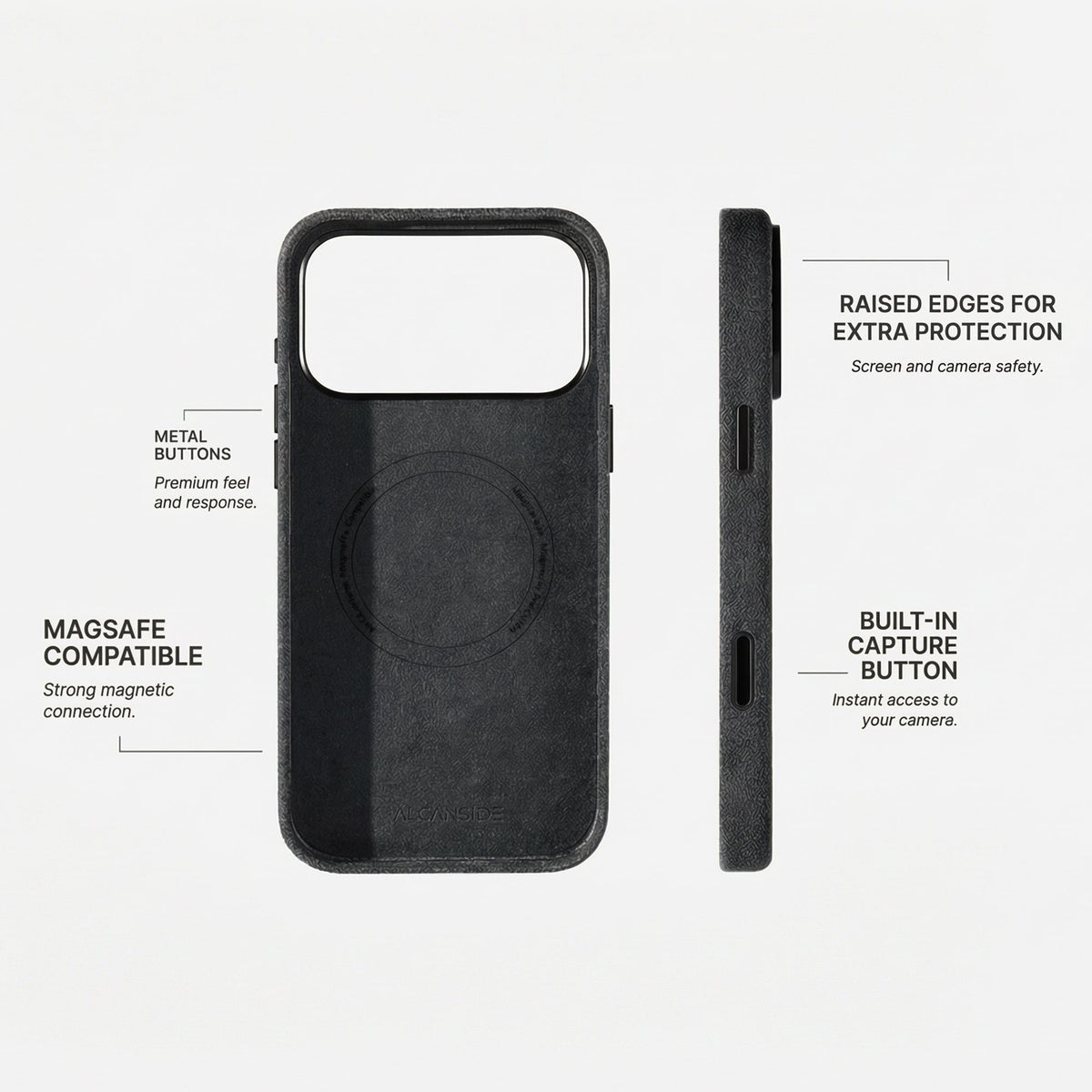 Space Grey Alcantara iPhone 17 Pro Max case with a raised edge around the camera