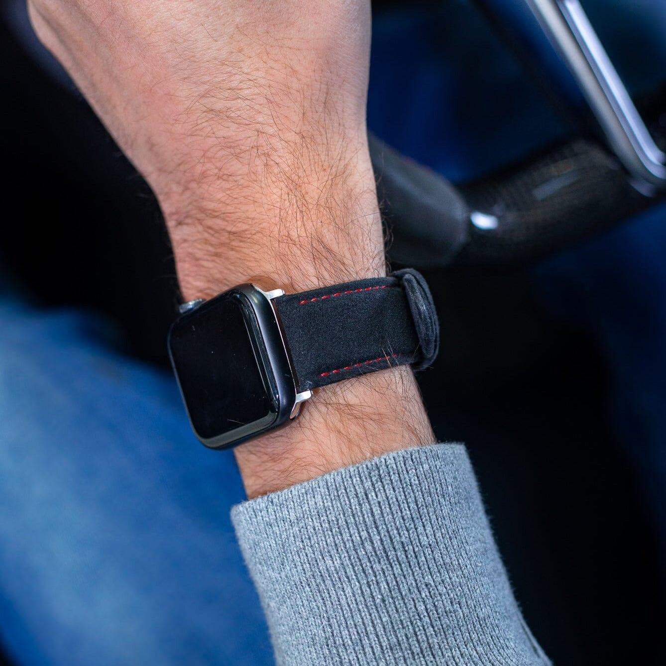 Alcantara Apple Watch Band With Buckle - Space Grey With Red Stitching - 38/40/41/42mm - Alcanside