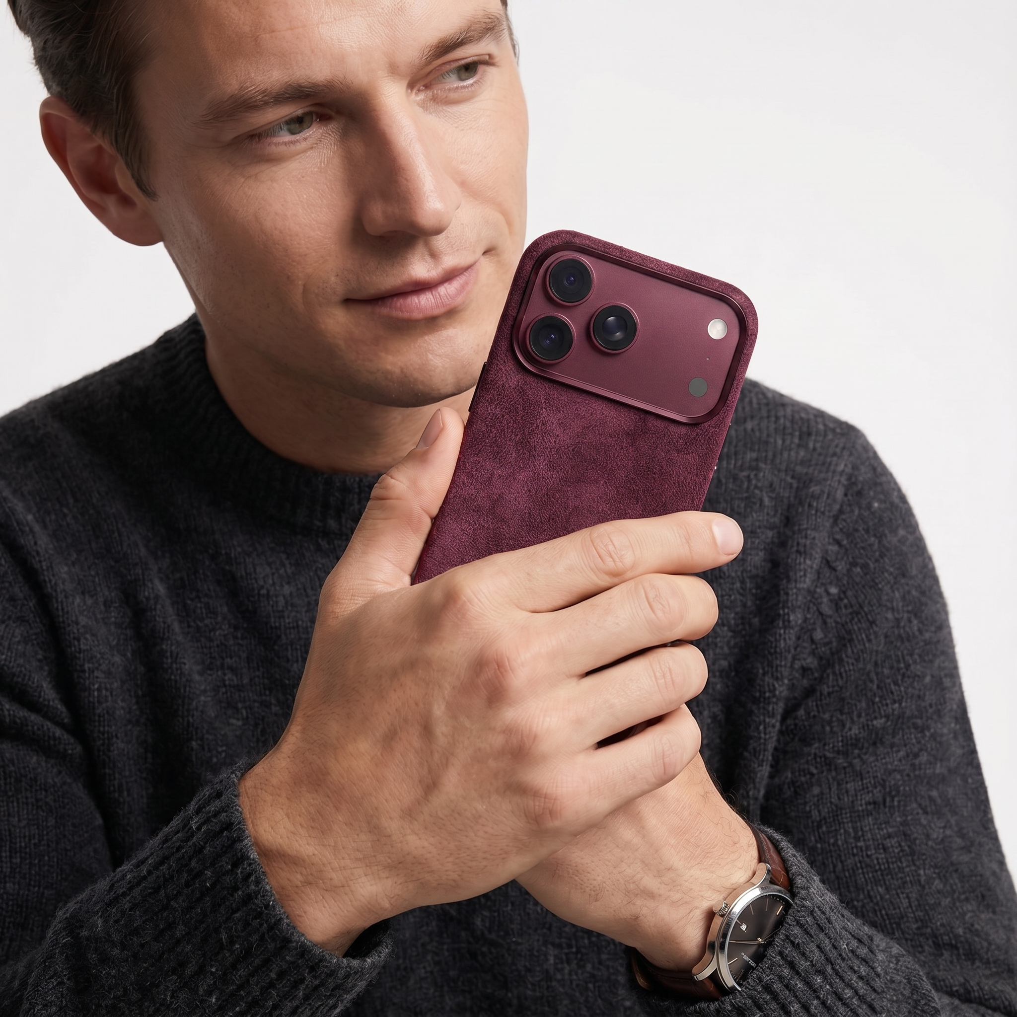 Wine Red Alcantara case for iPhone 18 Pro Max held in hands